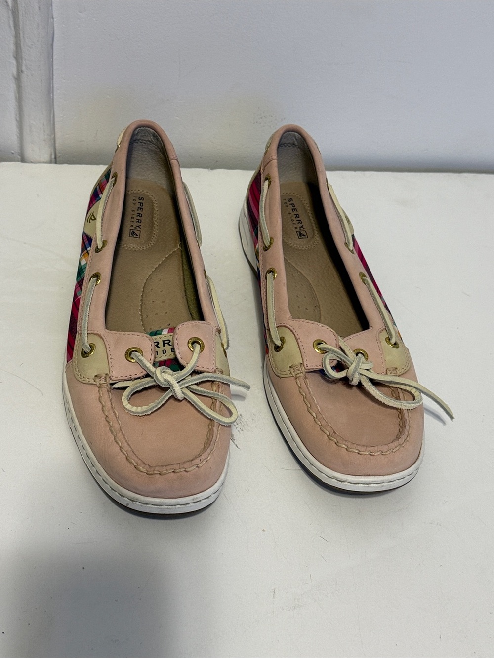 Sperry Pink Moccasin Boat Shoes with Multicolor Side Panels worn once